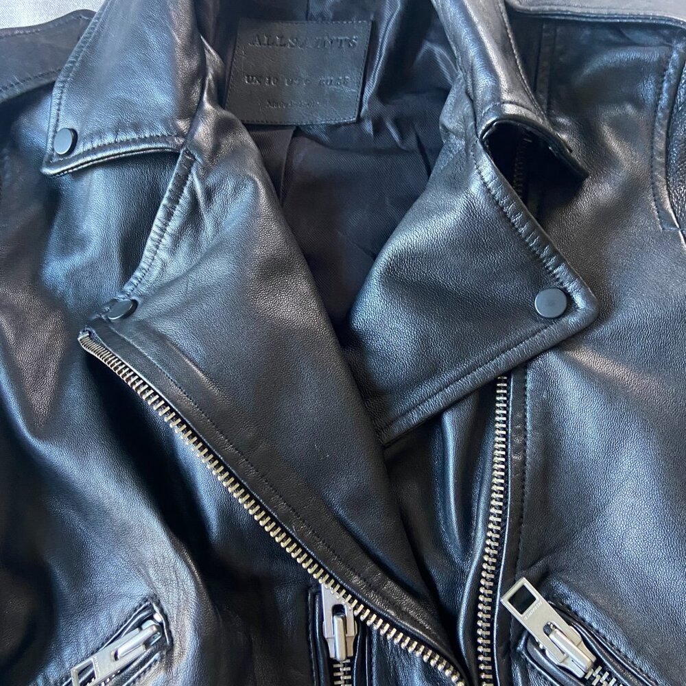 AllSaints Balfern Black Biker Cropped Belted Leather Jacket $528 New Sz 6 - Picture 12 of 16